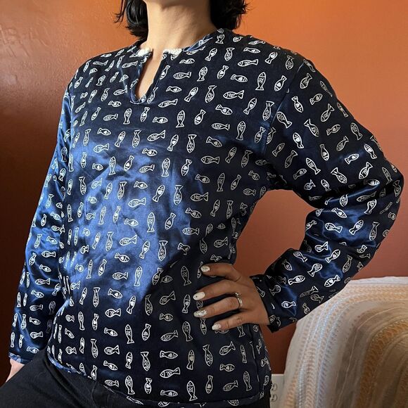 quilted fish print long sleeve blouse blue and white small medium Undercover - Picture 4 of 10
